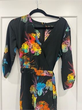 Yumi Kim Black Wrap Dress with Neon Floral Print